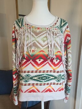 Ralph Lauren Denim & Supply Long Sleeve Fringed Southwestern   Sweatshirt